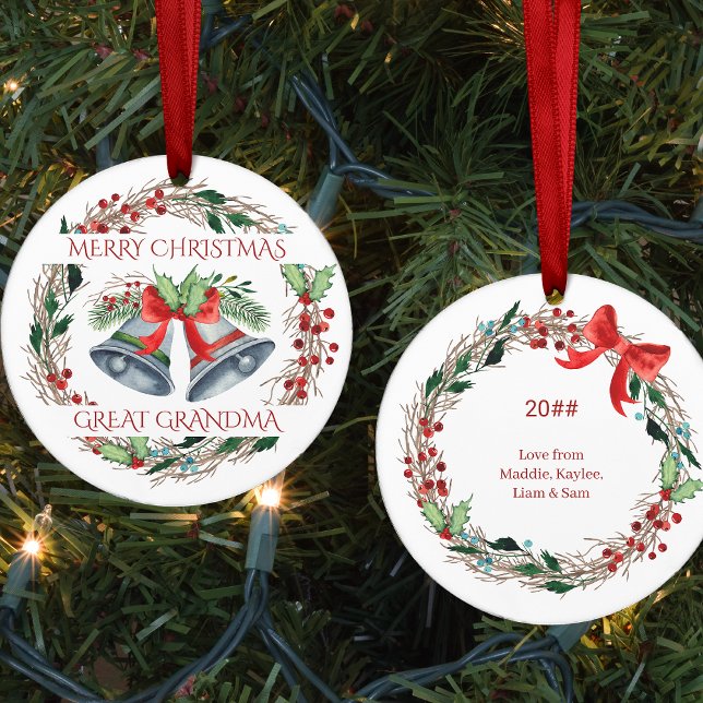 Great Grandma Holly Bells Rustic Wreath Christmas Ceramic Ornament (Great Grandma ornament with traditional non-photo design with christmas wreath and silver bells.)