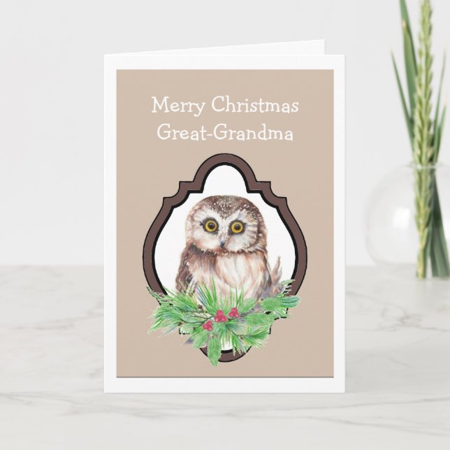 Great Grandma Merry Christmas Owl, Bird Humour Holiday Card (Front)