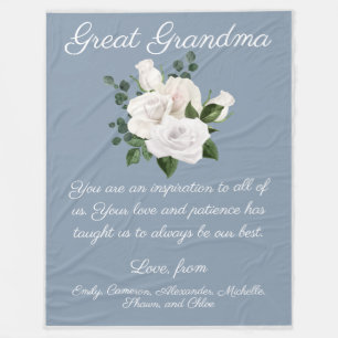Great Grandma Message From Kids White Roses Fleece Blanket
