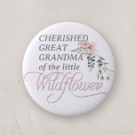Great Grandma of a Little Wildflower Baby Shower 2 Inch Round Button<br><div class="desc">Celebrate the upcoming arrival of your little one with our "Pink Wildflower Baby Girl Shower Button Pin, " a perfect addition to any baby shower with its charming wildflower and pink theme. This beautifully designed button pin features the word 'Wildflower' in elegant, classic calligraphy, adorned with a delicate watercolor pink...</div>
