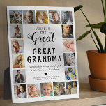 Great Grandma Photo Plaque<br><div class="desc">Personalized great grandmother photo plaque featuring the cute saying "you put the great in great grandma", 18 pictures of the grandkids, their names, and the sweet caption "grandmas hold our tiny hands for just a little while, but our hearts forever".</div>