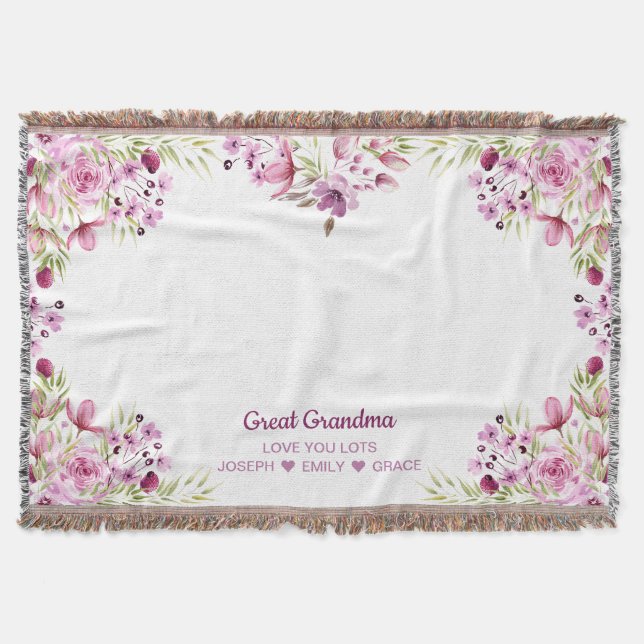 Great Grandma Pink and Purple Flower Border Throw Blanket (Front)