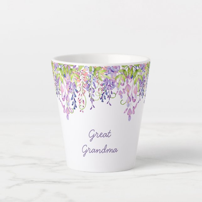 Great Grandma Purple Wisteria Watercolor Floral Latte Mug (Front)