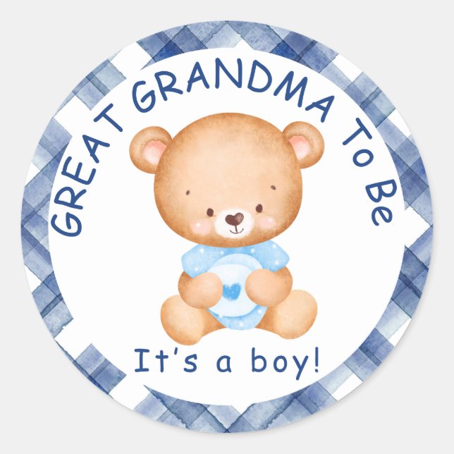 GREAT GRANDMA to be Blue Plaid Baby Shower Classic Round Sticker (Front)