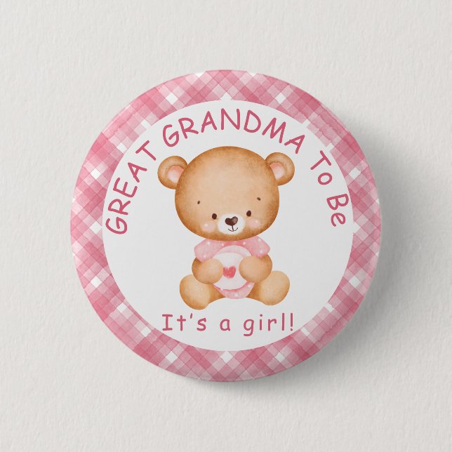GREAT GRANDMA to be Pink Plaid Baby Shower 2 Inch Round Button (Front)