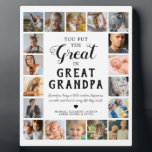 Great Grandpa Photo Keepsake Plaque<br><div class="desc">Personalized great grandfather photo plaque featuring the cute saying "you put the great in great grandpa",  18 pictures of the grandkids,  their names,  and the sweet caption "Grandpas bring a little wisdom,  happiness,  warmth,  and love to every life they touch.".</div>
