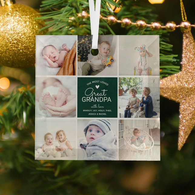 GREAT GRANDPA 'the most loved' Photo Collage Glass Ornament (Creator Uploaded)