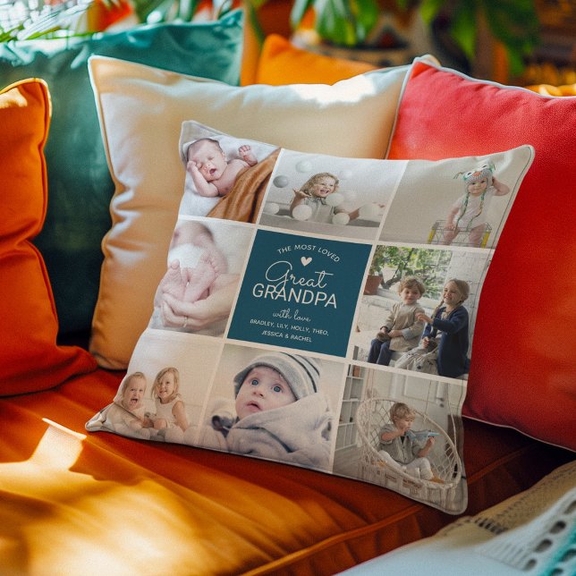 GREAT GRANDPA 'the most loved' Photo Collage Throw Pillow (Creator Uploaded)