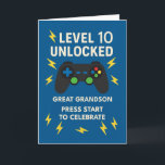Great Grandson 10th Birthday Game Controller Age Card<br><div class="desc">Level 10 and loving it! Celebrate your great grandson’s double-digit birthday with this gamer-themed card filled with bold graphics, a game controller, and lightning bolts that capture the fun. “Level 10 Unlocked” makes it perfect for any boy who’s growing up strong, smart, and full of spirit. The birthday message inside...</div>