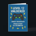 Great Grandson 12th Birthday Game Controller Age Card<br><div class="desc">Celebrate your great grandson’s 12th birthday with this bold and playful gaming-themed design! “Level 12 Unlocked” appears above a colourful controller surrounded by lightning bolts on a bright blue background, perfect for preteens who enjoy gaming and good times. The inside message cheers on all the good he brings to the...</div>