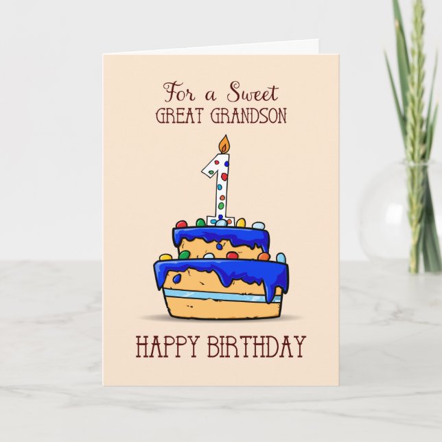 Great Grandson 1st Birthday, 1 on Sweet Blue Cake Card (Front)