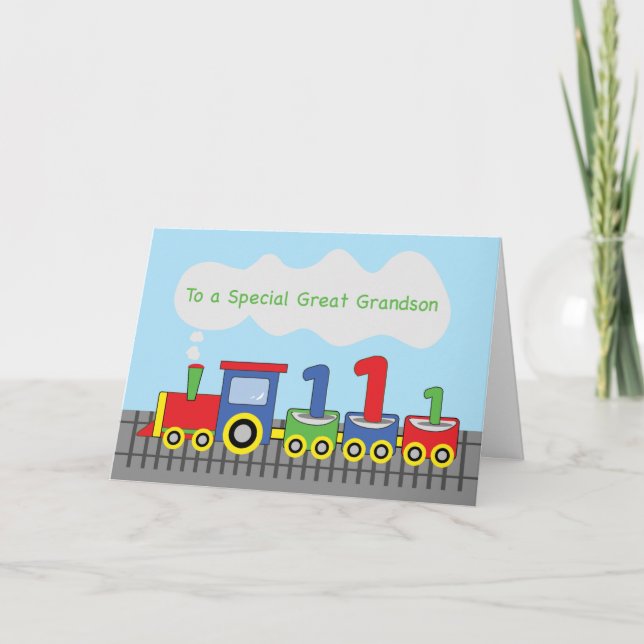 Great Grandson 1st Birthday Colorful Train Track Card (Front)