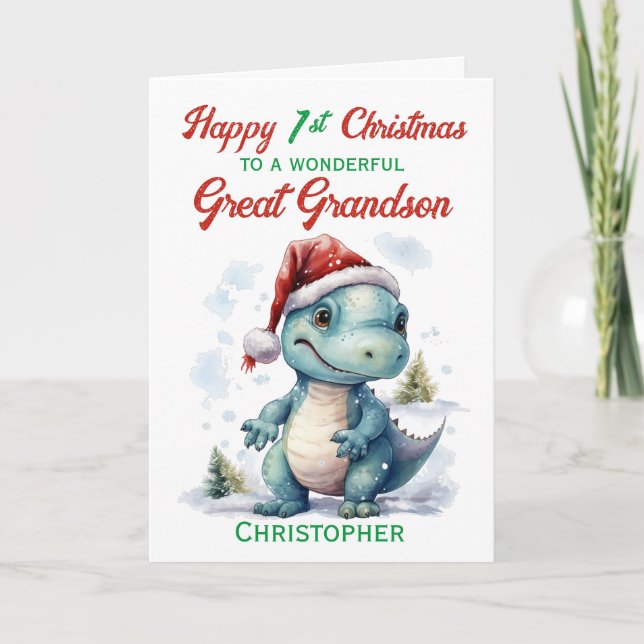 Great Grandson 1st Christmas Dinosaur Holiday Card (Front)