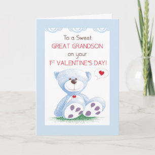 Great Grandson 1st Valentines Day Blue Teddy Bear  Card