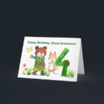 Great Grandson 4th Birthday Bear Fox Large Five Card<br><div class="desc">Celebrate a great-grandson’s fourth birthday with this whimsical card full of warmth and charm. A bear, fox, and little bird walk together toward a bold number 4, symbolizing another exciting year ahead. The soft watercolor artwork gives the card a timeless feel, perfect for a growing boy who brings joy with...</div>