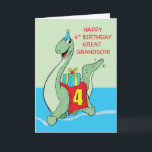 Great Grandson, 4th Birthday Dinosaur Card<br><div class="desc">Your cute great grandson deserves to get a cute card like this that has a gigantic dinosaur running on the front. This also brings gigantic birthday greeting to the young boy.</div>