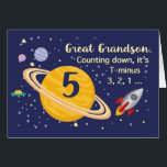 Great Grandson 5th Birthday Planets in Outer Space<br><div class="desc">Turning 5 is out of this world,  especially when it is your great grandson! Rocket ship,  planets and stars fill in the front of the card with the message as you count down to say Happy Birthday!</div>