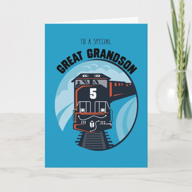 Great Grandson 5th Birthday Train, Little Boy, Blu Card (Front)