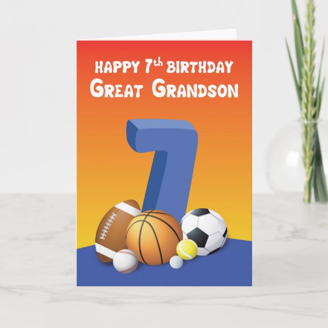 Great Grandson 7th Birthday Sports Balls Card (Front)