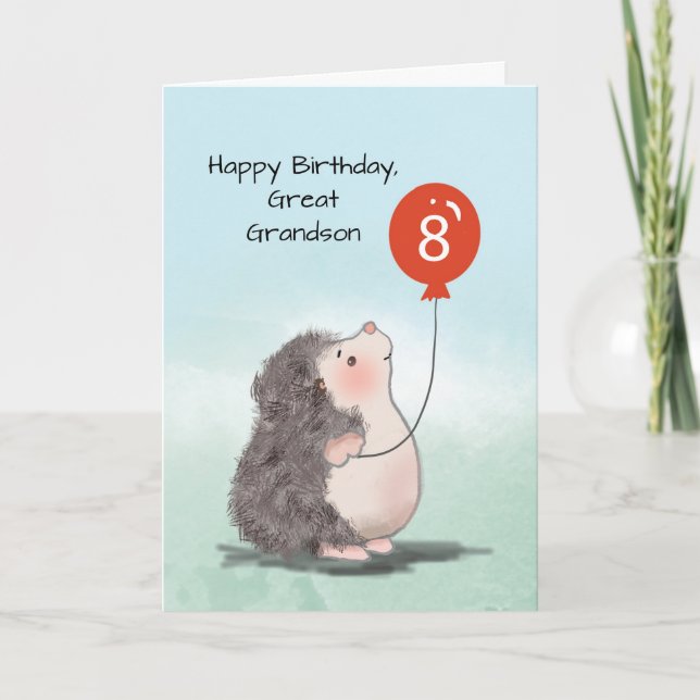 Great Grandson 8th Birthday Cute Hedgehog Balloon Card (Front)