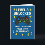 Great Grandson 8th Birthday Game Controller Age 8  Card<br><div class="desc">Your great grandson is turning 8—and it’s game time! Celebrate his big day with this fun and colourful design featuring a video game controller, lightning bolts, and the message “Level 8 Unlocked.” Set against a bold blue background, this card is made for young gamers who love action, challenge, and fun....</div>