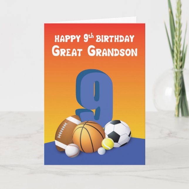 Great Grandson 9th Birthday Sports Balls Card (Front)