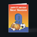 Great Grandson 9th Birthday Sports Balls Card<br><div class="desc">Standing tall in the middle of the card is the number nine surrounded by a collection of sports balls. This card is intended to greet your great grandson a happy 9th birthday when the day of celebration finally arrives.</div>