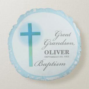 Great Grandson Baptism Blue Lace Personalized Round Pillow