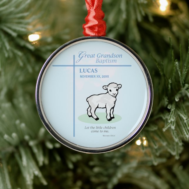 Great Grandson Baptism Blue Lamb Personalized Metal Ornament (Tree)