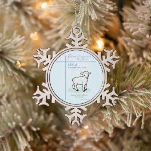 Great Grandson Baptism Blue Lamb Personalized Snowflake Pewter Christmas Ornament
