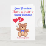 Great Grandson Bear 2nd Birthday Card<br><div class="desc">Great Grandson Have a bear-y Happy Birthday card featuring a teddy bear holding 2 red heart balloons with the birthday boy's age . A fun play on words. A great card to send to your great grandchild to celebrate his birthday . All text can be amended to customized the card...</div>