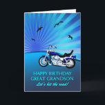 Great Grandson Birthday Motorbike Sunset Card<br><div class="desc">Happy birthday great grandson card with a motorbike. A perfect card for a biker. A blue motorbike with a stylized sunset and flying birds. Any bike enthusiast will love to get a card like this.</div>