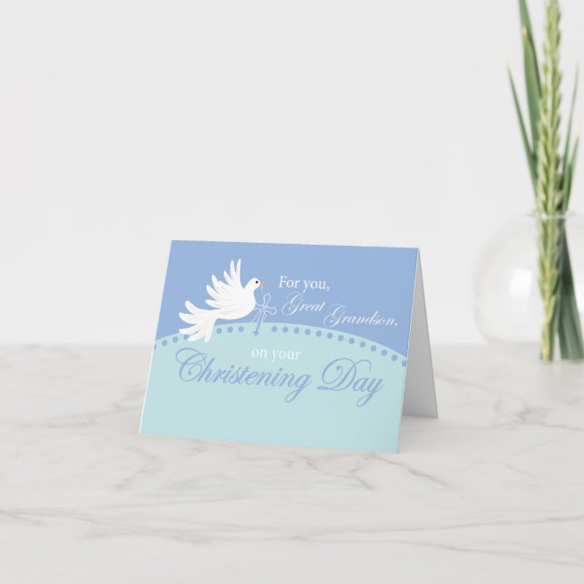 Great Grandson Christening Dove on Blue Card (Front)