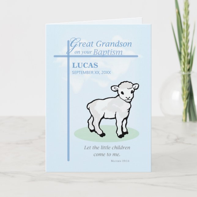 Great Grandson Custom Name and Date Baptism Blue Card (Front)