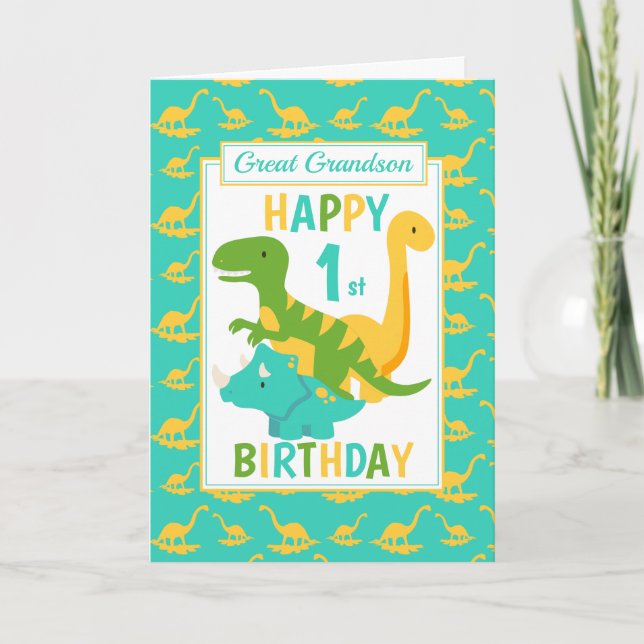Great Grandson Dinosaur 1st Birthday Blue Card (Front)