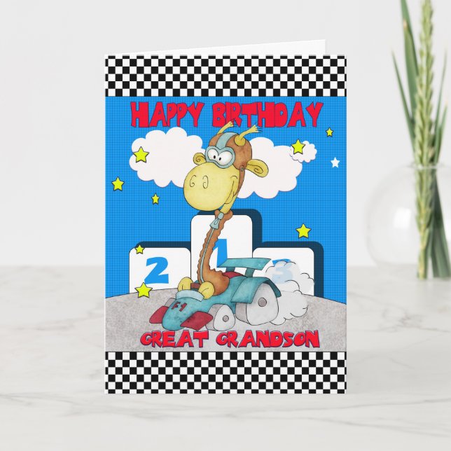 Great Grandson Giraffe Birthday Card - Racing Gira (Front)