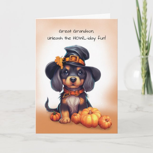 Great Grandson Halloween Black Dog Wearing Hat Card (Front)
