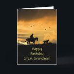 Great Grandson Happy Birthday Cowboy and Horse Card<br><div class="desc">Great grandson happy birthday card western style! A cowboy rides his horse in a southwestern sunset driving a steer home on his horse.  A cool message inside too!</div>