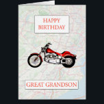 Great Grandson Map and Motorbike Birthday<br><div class="desc">Happy birthday to a motorbike enthusiast. A red bike with a road map in the background. A great card for a great grandson who loves bikes and riding. - Base map and data from OpenStreetMap and OpenStreetMap Foundation © OpenStreetMap</div>