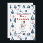 Great Grandson Merry Christmas Snowman Flat Holiday Card<br><div class="desc">A lovely great grandson Flat Christmas card. Design pattern features cute snowmen wearing red santa hats and scarfs and blue snow covered fir trees all on a snowy background. All text can be amended as needed to customize - change great grandson to grandson, nephew , son or brother, then personalize...</div>