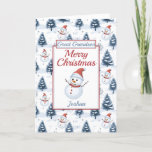 Great Grandson Merry Christmas Snowman Holiday Card<br><div class="desc">A lovely great grandson Christmas card. Design pattern features cute snowmen wearing red santa hats and scarfs and blue snow covered fir trees all on a snowy background. All text can be amended as needed to customize - change great grandson to grandson, nephew , son or brother, then personalize with...</div>