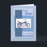 Great grandson, motor bike birthday card<br><div class="desc">A blue motor cycle on an abstract blue background. The front says "Happy Birthday to my wonderful great grandson". A great card for a great grandson who is a motor bike enthusiast. The textures on the front of this card are printed.</div>