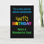 Great grandson Rainbow Colours on Black Birthday Card<br><div class="desc">A colourful Birthday Card for a Great-grandson,  with brightly coloured lettering on a black background,  the word 'happy' in yellow and the word 'birthday' in rainbow colours.</div>