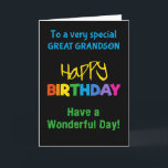 Great grandson Rainbow Colours on Black Birthday Card<br><div class="desc">A colourful Birthday Card for a Great-grandson,  with brightly coloured lettering on a black background,  the word 'happy' in yellow and the word 'birthday' in rainbow colours.</div>