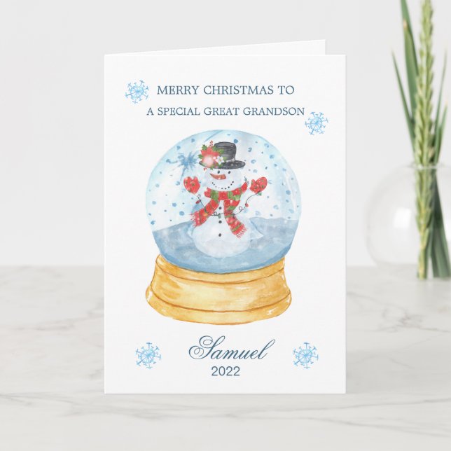 Great Grandson Snow Globe Snowman Christmas  Holiday Card (Front)
