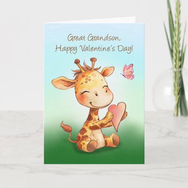 Great Grandson Valentine Cute Happy Giraffe Heart Card (Front)