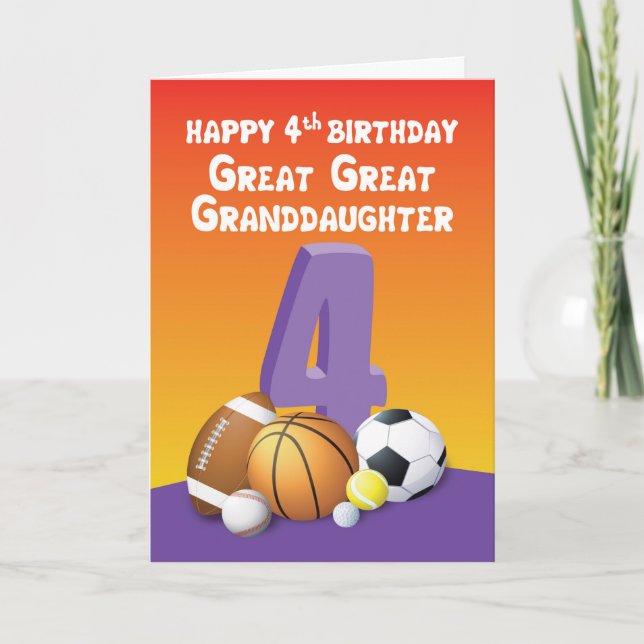 Great Great Granddaughter 4th Birthday Sports Ball Card (Front)