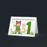 Great Great Grandson 1st Birthday Bear and Fox Card<br><div class="desc">Celebrate a once-in-a-lifetime milestone with this sweet first birthday card for a beloved great great grandson. A cozy bear, joined by his woodland friends, journeys toward a large number 1 in a soft watercolor scene. This charming design captures the joy of a little one's first year and the love that...</div>