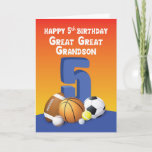 Great Great Grandson 5th Birthday Sports Balls Card<br><div class="desc">Shoot a high five birthday greeting for your great great grandson as he will be celebrating his 5th birthday soon. This sports themes card has a collection of six assorted sports balls on the front. This will undeniably excite your great great grandson.</div>