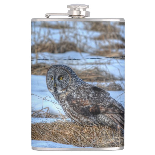 Great Grey Owl and Snow Wildlife Raptor Photo Hip Flask (Front)
